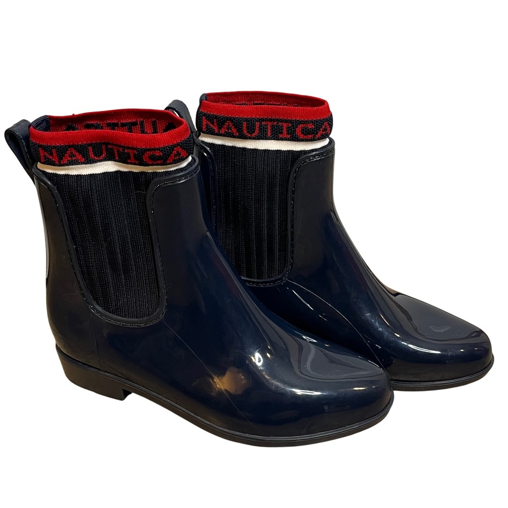 Nautica Womens Size 7 Navy Blue Rubber Rain Boots Ankle Chelsea